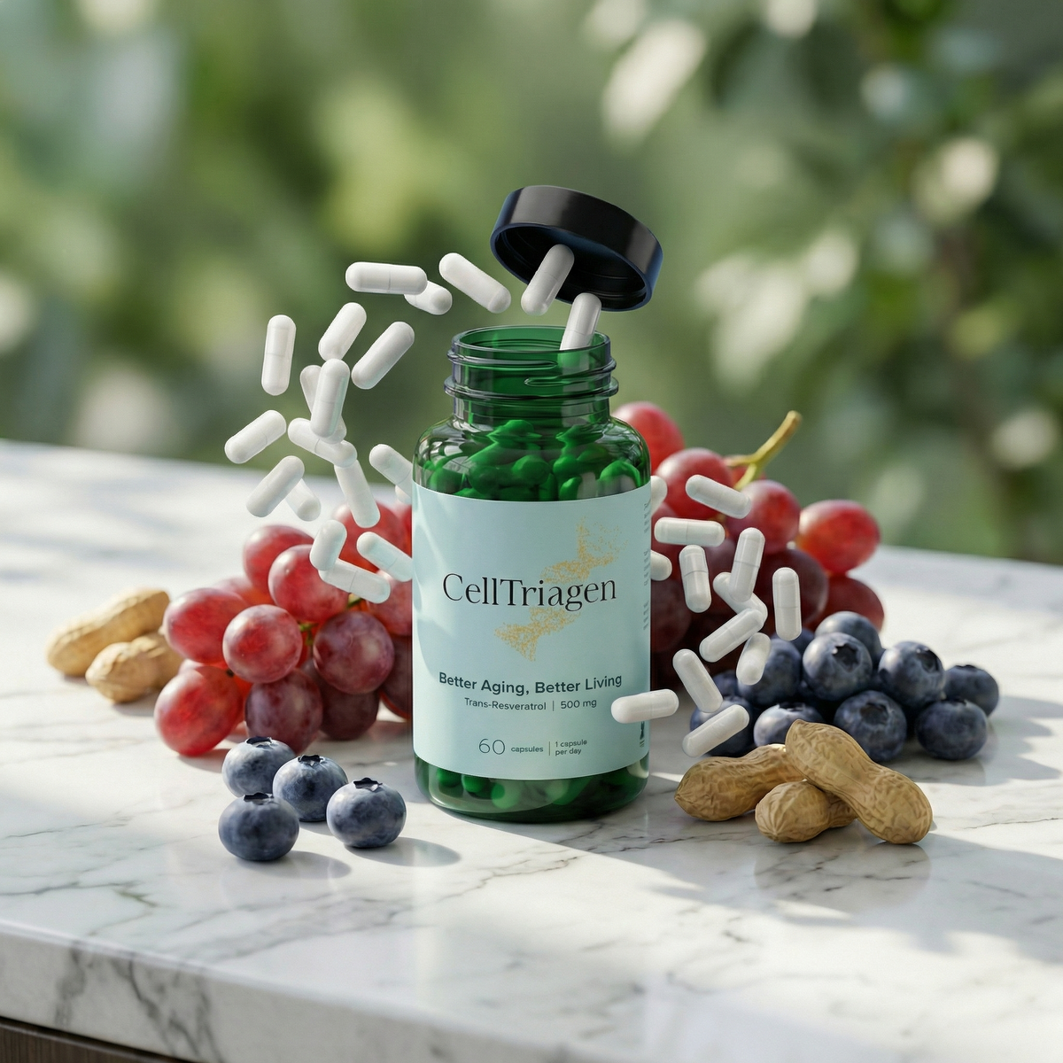 Trans-Resveratrol supplement bottle surrounded by red grapes, blueberries, and peanuts, highlighting natural sources and antioxidant benefits for heart health, metabolism, and healthy aging.