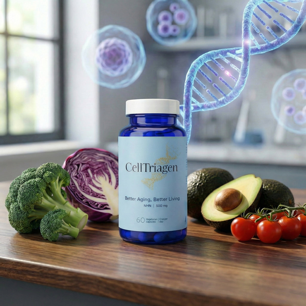 NMN supplement bottle surrounded by NMN-rich foods like broccoli, cabbage, avocados, and tomatoes, with a subtle cellular energy and DNA helix background symbolizing NAD+ support, energy production, and healthy aging.