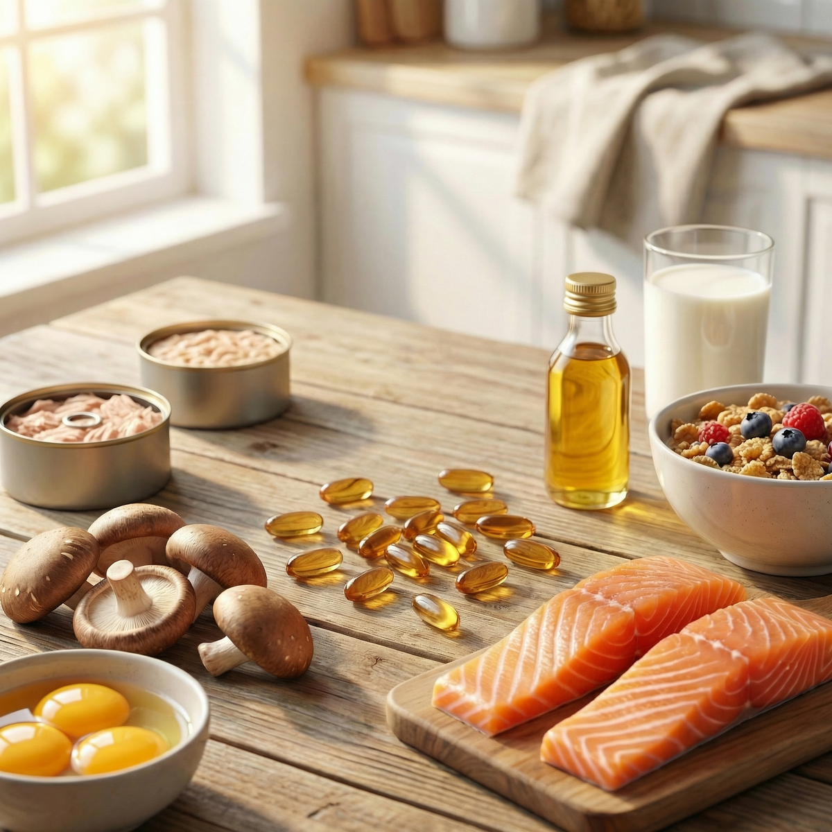 Vitamin D supplement bottle surrounded by natural sources like salmon, tuna, mushrooms, egg yolks, cod liver oil, and fortified foods, with sunlight highlighting bone, immune, and muscle health benefits.