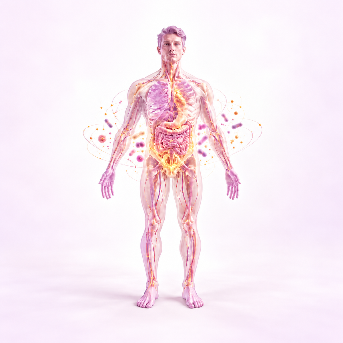 Human gut microbiome and digestive system illustration showing the connection between gut health, microorganisms and human biology